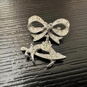 Vintage ORA Shriner Sword Crescent Rhinestone Bow Dangle Pin Brooch Silver Tone